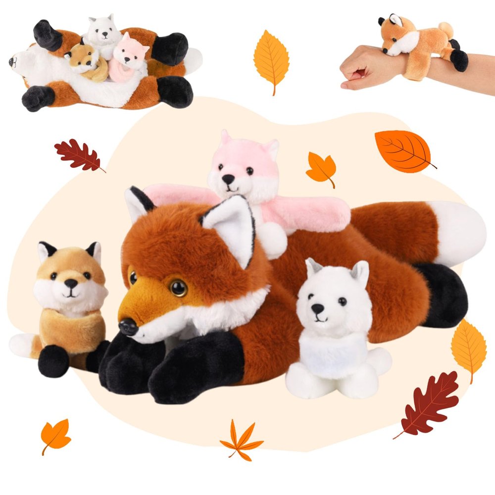 4 in 1 Fox Stuffed Animal Plush, 19" Large Mommy Stuffed Red Fox Plush Toy with 3 Baby Stuffed Foxes Inside, Huggable Fox Plushies Pillow Gifts for Kids Valentines Day Easter Christmas Birthday