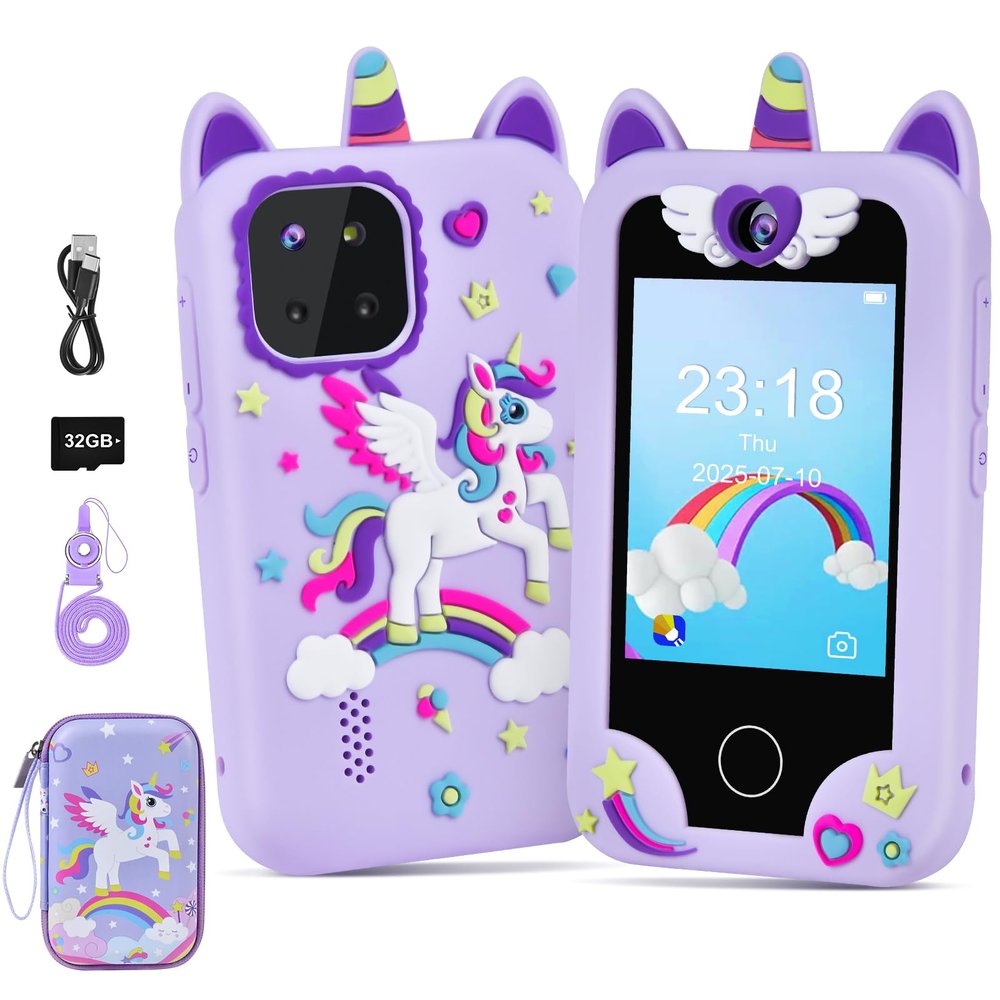 Elecoutek Kids Smart Phone, Toddler Unicorn Phone Toys for 3 -10 Year Old Kids, Mobile Phone Toy with Dual Cameras, 2.8 Inch Touchscreen, Learning, Music Player, Games, 32 GB Card and Bag (Purple)