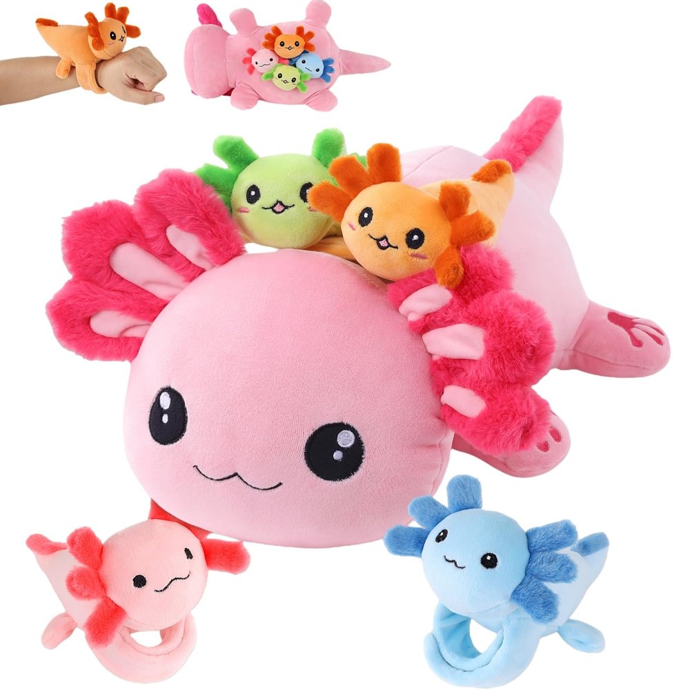 5 in 1 Axolotl Plush Toys for Girls Boys, 18" Mommy Axolotl Stuffed Animal with 4 Baby Axolotls Pink Stuffed Axolotl Plush with Babies Valentines Birthday Axolotl Plushies Gifts for Kids Toddler