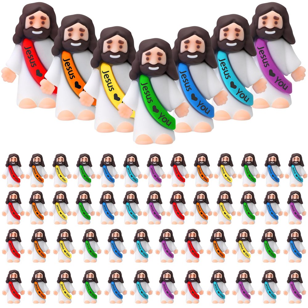 Bememo 50 Pcs Mini Jesus Figures Jesus Loves You Christ Toys Little Christ Figures to Hide and Seek Sunday School Religious Party Favors Gift (Rainbow Colors)