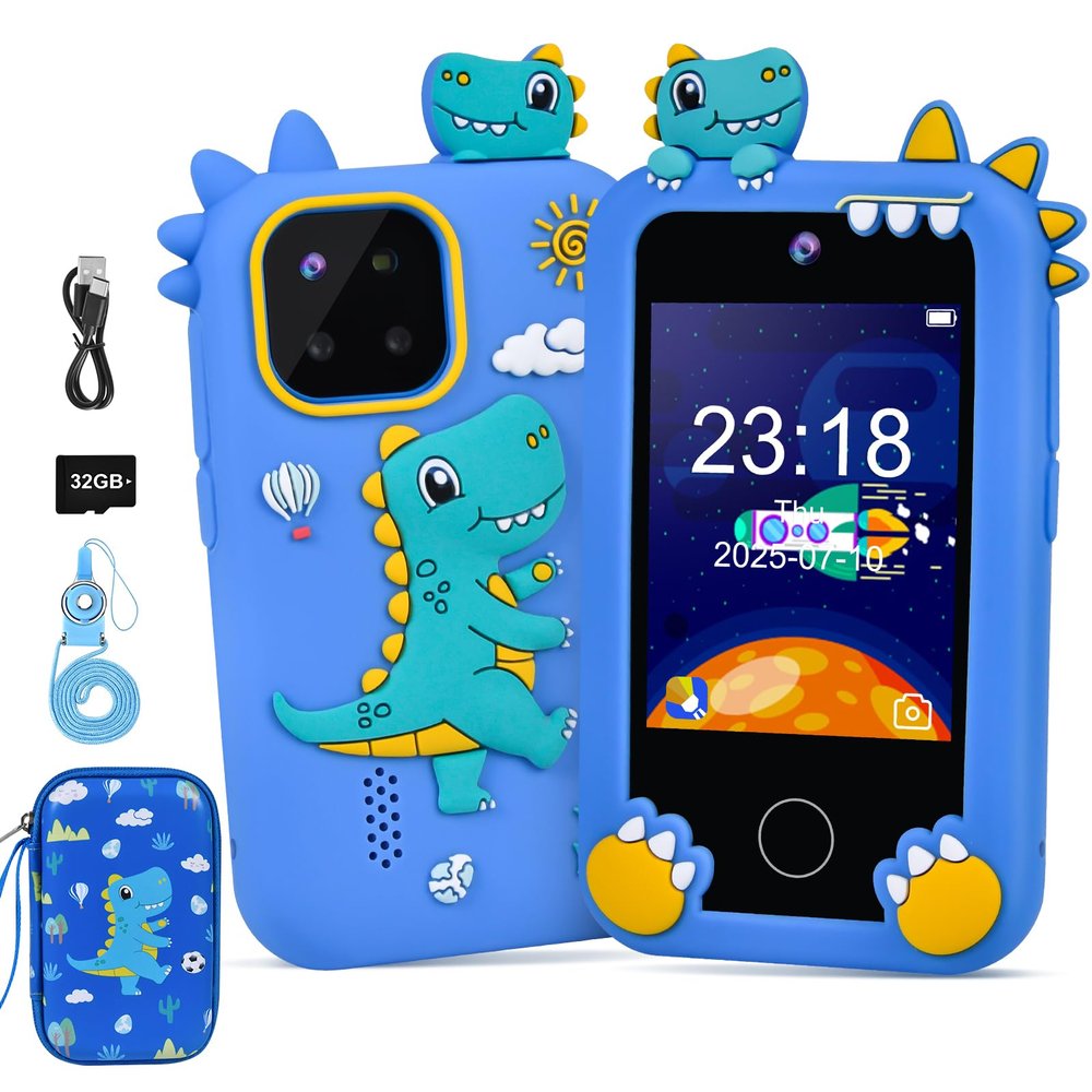 Elecoutek Kids Phone for Boy, Dinosaur Phone Toys for 3-10 Year Old Boys, Kids Mobile Phone Toy with Dual Cameras, 2.8 Inch Touchscreen, Music Player, Games with 32 GB Card, EVA Storage Box (Blue)