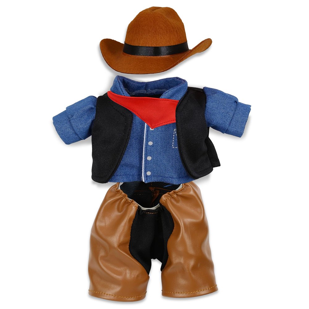 DolliBu Cowboy Stuffed Animal Dress Up Set - Western-Themed Outfit with Hat, Jeans, Vested Shirt, Bandana Cowboy Costume - Pretend Play Clothes for Teddy Bears - Large for 8 to 10 Inch Plush Toys