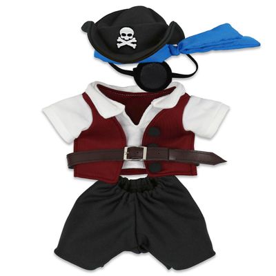 DolliBu Pirate Stuffed Animal Dress Up Costume Set - Pirate Shirt Belt Vest, Pants, Skull Pirate Hat, Eye Patch, Cute Teddy Bear Outfit - Large For 8 to 10 Inch Plush Toys