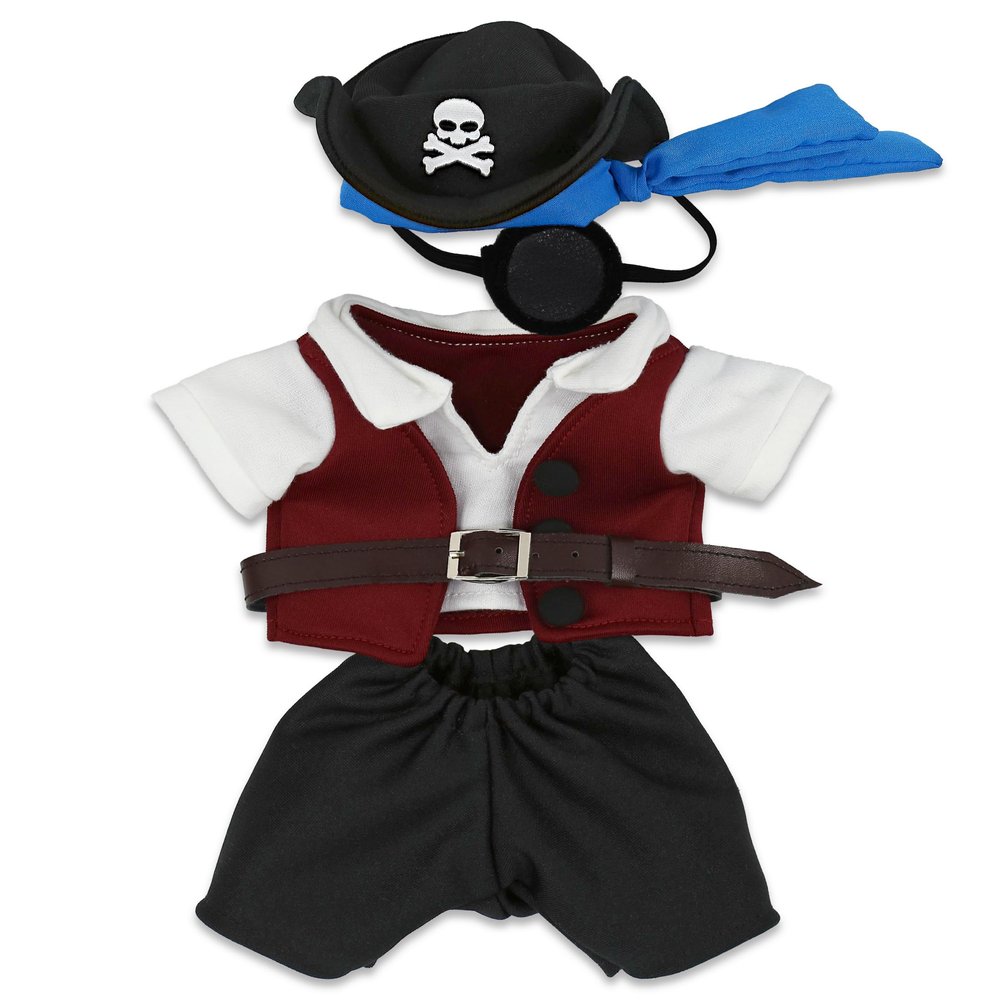 DolliBu Pirate Stuffed Animal Dress Up Costume Set - Pirate Shirt Belt Vest, Pants, Skull Pirate Hat, Eye Patch, Cute Teddy Bear Outfit - Large For 8 to 10 Inch Plush Toys