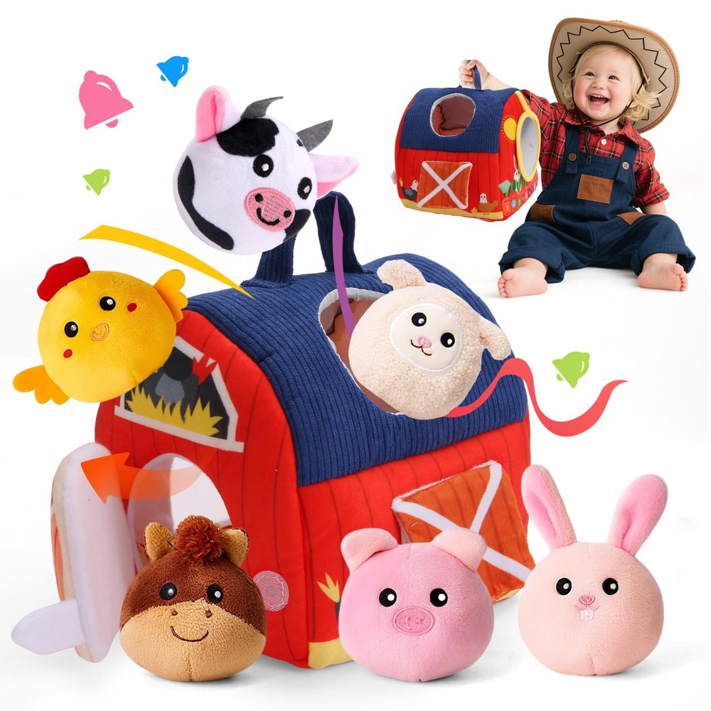 Baby Toys 6-12 Months, Surprise Barn with Stuffed Farm Animals 6Pcs, Rattle, Crinkle, Mirror, Montessori Sensory Toys for 1-3 Year Old Boys Girls, Ideal Gifts for Babies Toddlers Birthday Christmas