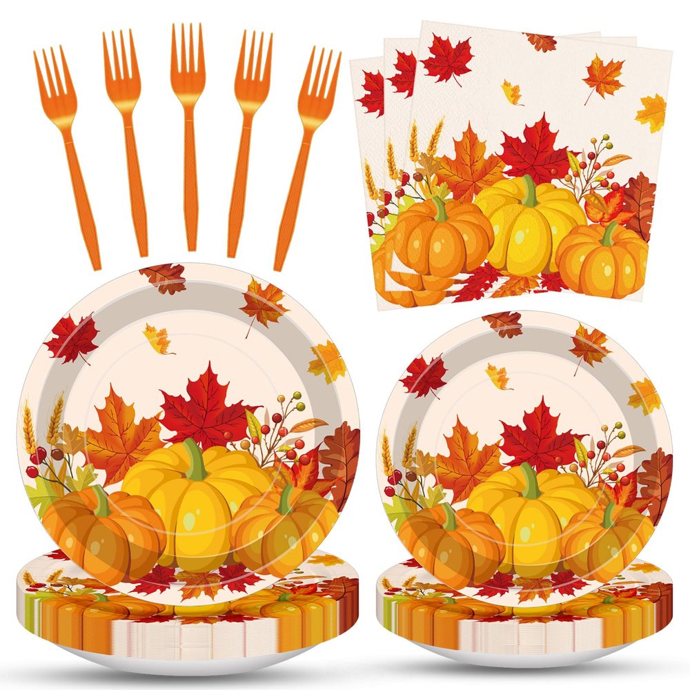 100 Pcs Fall Pumpkin Maple Tableware Party Supplies Set, Serves 25 Disposable Autumn Harvest Paper Plates, Napkins, and Forks, Thanksgiving Day Dinnerware for Friendsgiving Gatherings Decorations