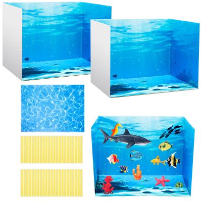 AmazingSpark 2 Set Ocean Diorama Box and Water Sticker Decor, Ocean Diorama Project Supplies Set, Cardboard Display Case Kit & Water Sticker with Double Sided Tapes for DIY Crafts Toys Dollhouse