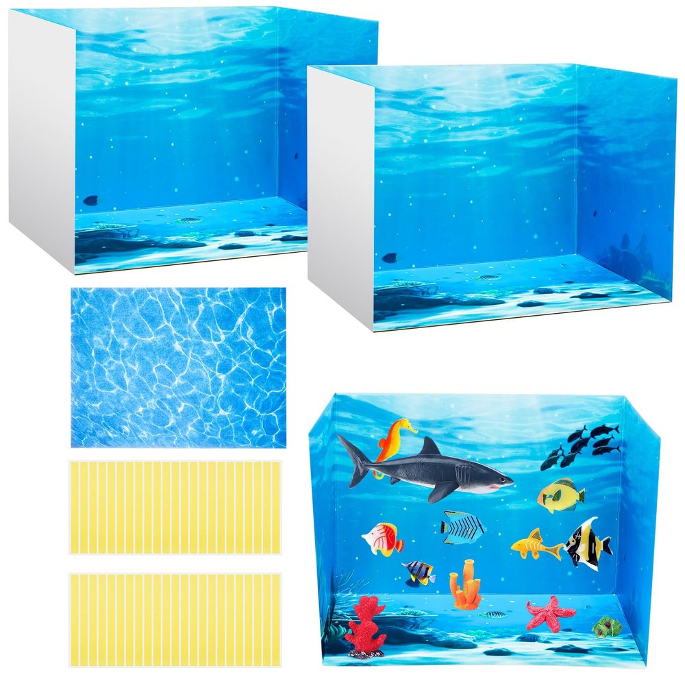 AmazingSpark 2 Set Ocean Diorama Box and Water Sticker Decor, Ocean Diorama Project Supplies Set, Cardboard Display Case Kit & Water Sticker with Double Sided Tapes for DIY Crafts Toys Dollhouse