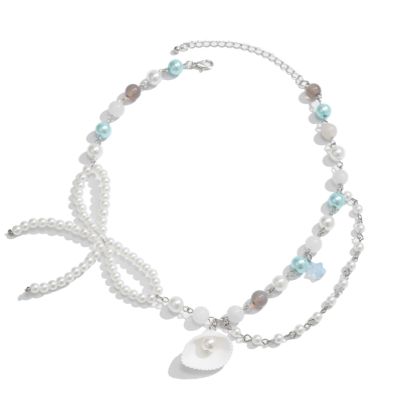Bow Imitation Pearl Shell Pendant Bead Chain Necklace,white,38+7cm