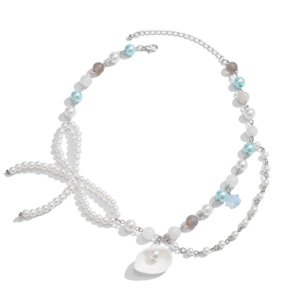 Bow Imitation Pearl Shell Pendant Bead Chain Necklace,white,38+7cm