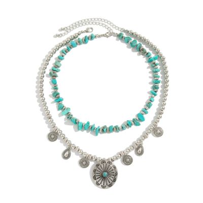 ZYIBPMSJKQCFK Bohemia Imitation Turquoise Multi-Layer Layered Women'S Necklace,green,36+7cm/42+7cm