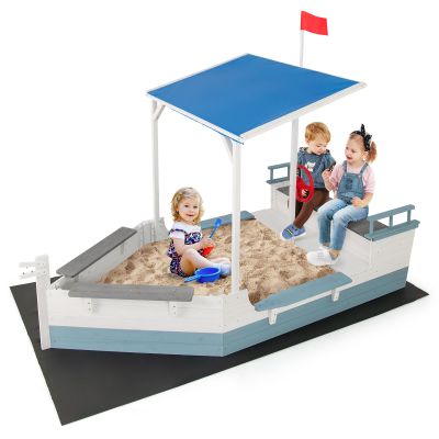 Costzon Pirate Ship Sandbox with Canopy, Fir Wood Boat Sand Box w/Flag, Rudder, Bench Seats and Storage Compartments for Backyard Beach, Outdoor Sand Pit for Kids 3-8 Years Old