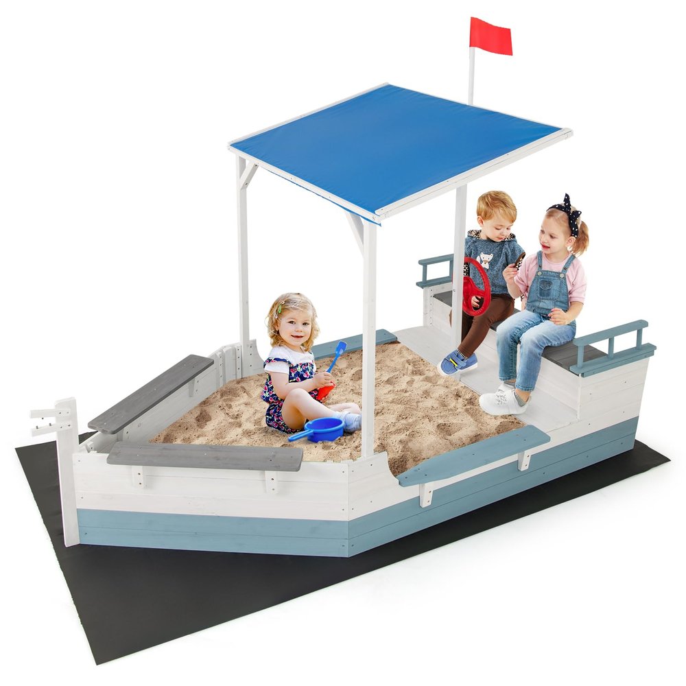 Costzon Pirate Ship Sandbox with Canopy, Fir Wood Boat Sand Box w/Flag, Rudder, Bench Seats and Storage Compartments for Backyard Beach, Outdoor Sand Pit for Kids 3-8 Years Old