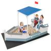 Costzon Pirate Ship Sandbox with Canopy, Fir Wood Boat Sand Box w/Flag, Rudder, Bench Seats and Storage Compartments for Backyard Beach, Outdoor Sand Pit for Kids 3-8 Years Old view 1
