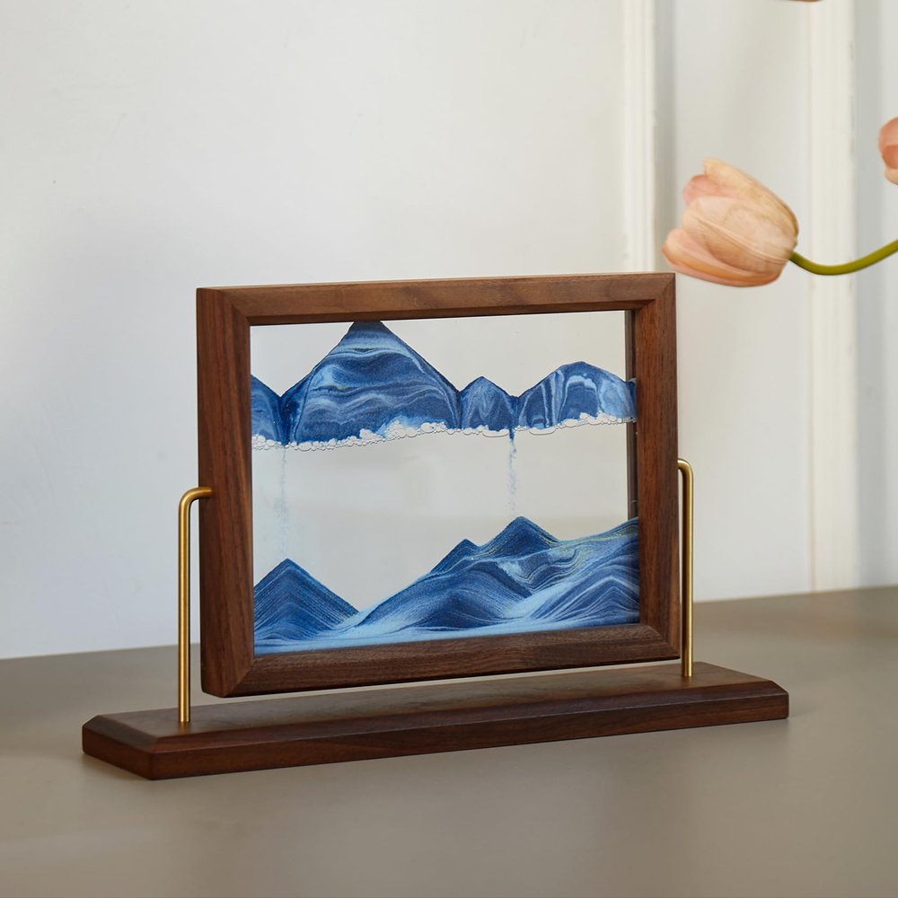 THFLSTR Solid Wood Oasis Mini Art Liquid Motion 360-Degree Rotation, Made of Black Walnut and H62 Brass, 3D Highly Transparent Office Decor (Ocean)
