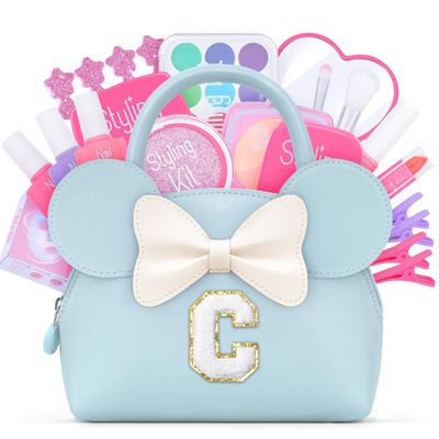 QLOVEA Pretend Makeup Kit for Toddlers Kids- 21Pcs Make Up Toys with Initial Toddler Purse - Birthday Gifts for 3 4 5 Years Old Girls Vanity Set Christmas Birthday Gift Blue C