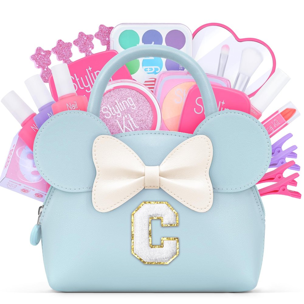 QLOVEA Pretend Makeup Kit for Toddlers Kids- 21Pcs Make Up Toys with Initial Toddler Purse - Birthday Gifts for 3 4 5 Years Old Girls Vanity Set Christmas Birthday Gift Blue C