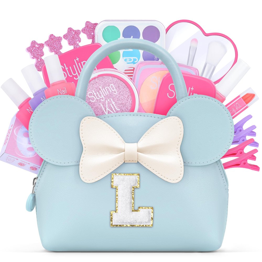 QLOVEA Pretend Makeup Kit for Toddlers Kids- 21Pcs Make Up Toys with Initial Toddler Purse - Birthday Gifts for 3 4 5 Years Old Girls Vanity Set Christmas Birthday Gift Blue L
