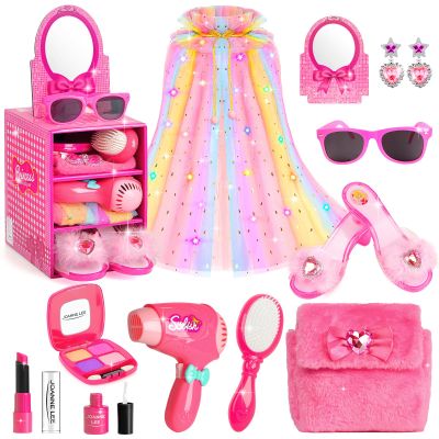 STOPKLAS Princess Light Up Cape Dress Up Shoes, Kids Pretend Makeup Set for Girls Pretend Play Beauty Hair Salons Toys Gift for 3-6 Toddler Little Girls