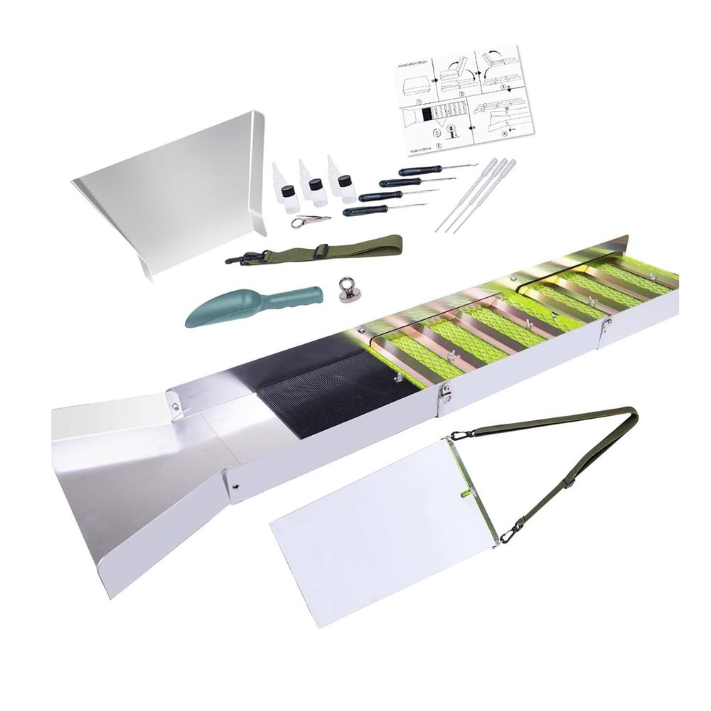 Complete Manual Gold Prospecting Kits With Foldable 50" Sluice Box Include Picks Magnifier Magnets For Outdoor Mining Portable Sluice Box For Gold Recovery
