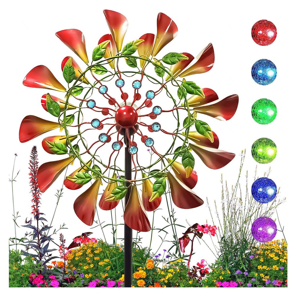83in Metal Windmill Kinetic Spinner Multi-Color Led Lighting Solar Powered Glass Ball Windmill Metal