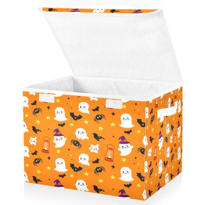 Kigai Halloween Boo Storage Boxes with Lid & Handles Collapsible Stackable Storage Bins Decorative Fabric Closet Organizer Baby Basket for Bedroom Nursery Living Room Office