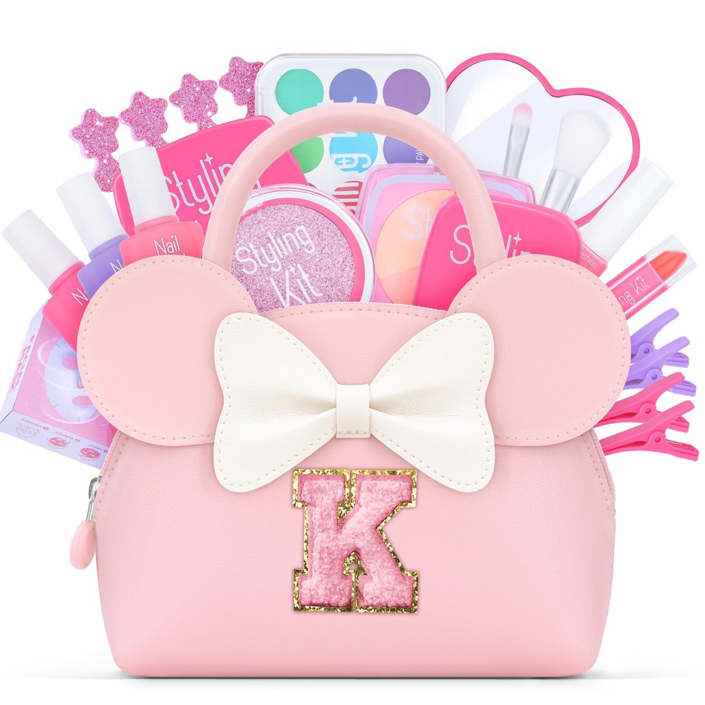 QLOVEA Pretend Makeup Kit for Toddlers Kids- 21Pcs Make Up Toys with Initial Toddler Purse - Birthday Gifts for 3 4 5 Years Old Girls Vanity Set Christmas Birthday Gift Pink K