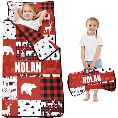 Personalized Woodland Deer Bear Nap Mat Set for Boys Girls Custom Name Toddler Sleeping Bag with Pillow & Blanket Kids Sleep Mat for Preschool, Daycare, Kindergarten