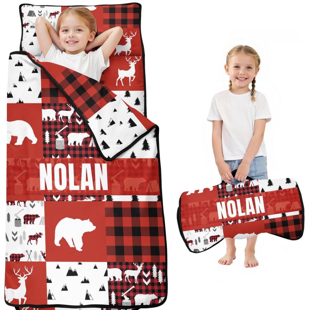 Personalized Woodland Deer Bear Nap Mat Set for Boys Girls Custom Name Toddler Sleeping Bag with Pillow & Blanket Kids Sleep Mat for Preschool, Daycare, Kindergarten