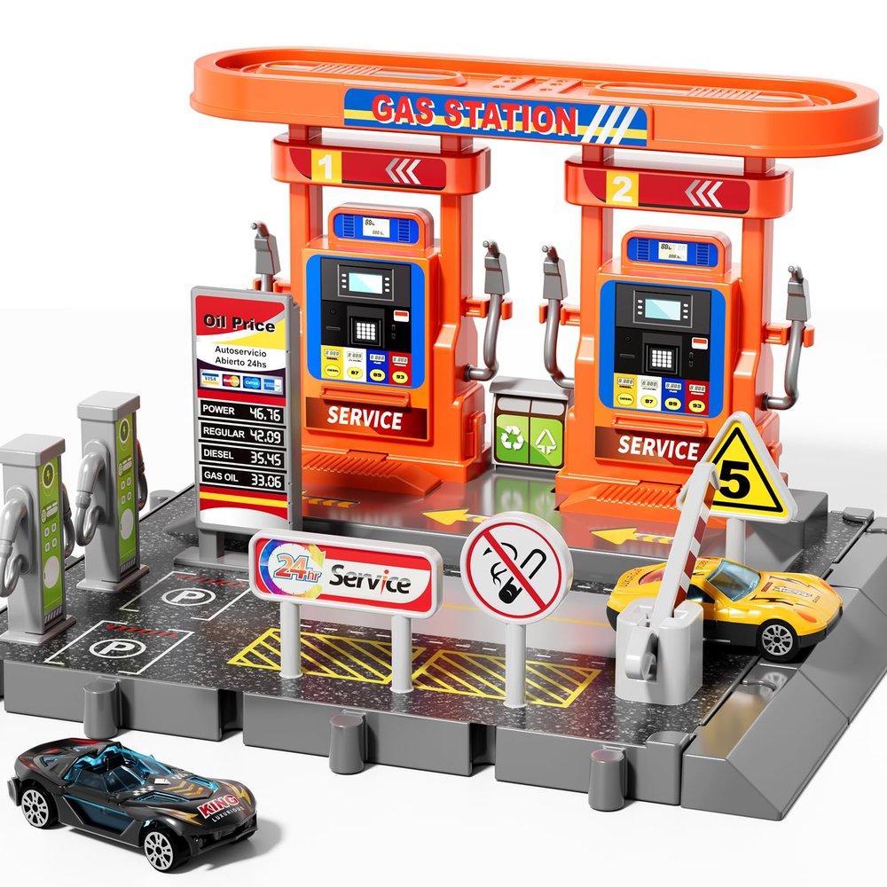 KIZONLY Toy Cars Playsets, Activity Drivers Playset, Gasstation with Moveable Hoses, Parking lot, 1:64 Scale Toy Cars and Car Garage Toys for Toddlers 1-3, Car-Activated Playing Method
