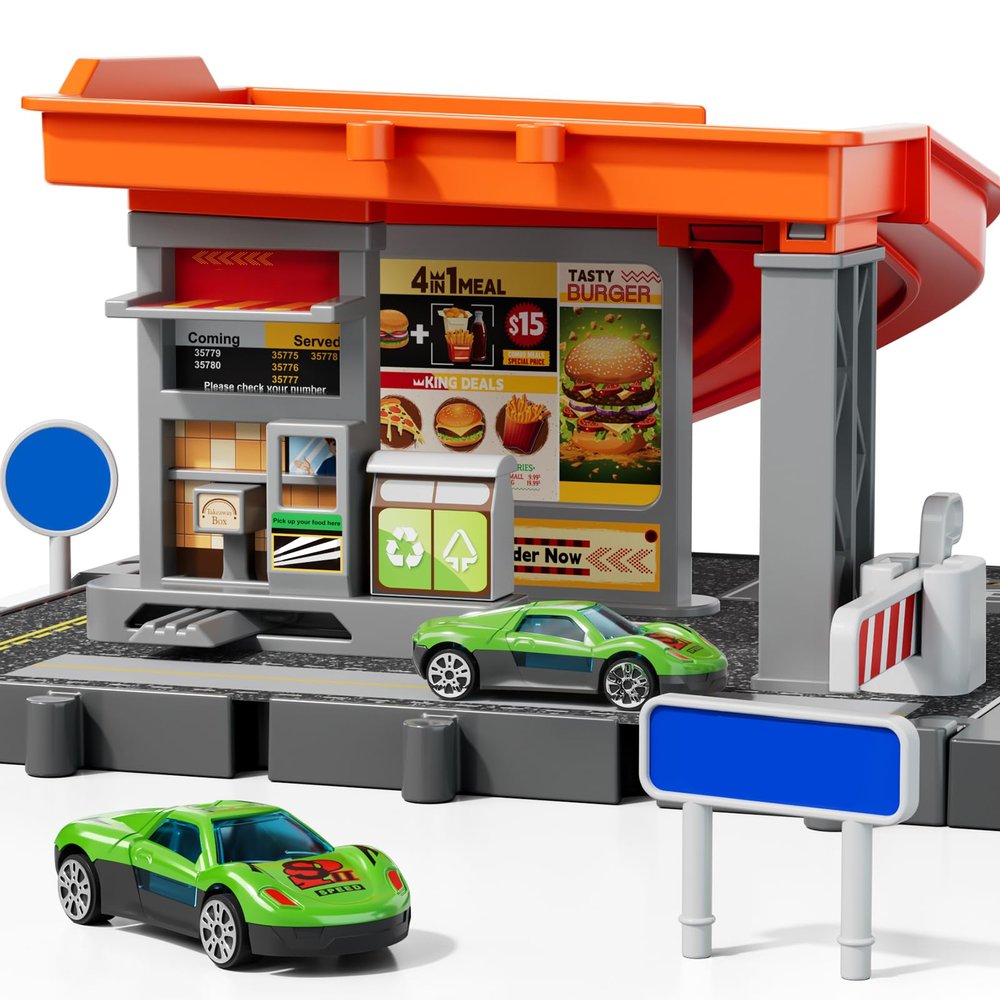 KIZONLY Toy Cars Playsets, Activity Drivers Playset, Car Restaurant Playset, 1:64 Scale Toy Cars and Car Garage Toys for Toddlers 1-3, Parking lot with Track, Car-Activated Playing Method