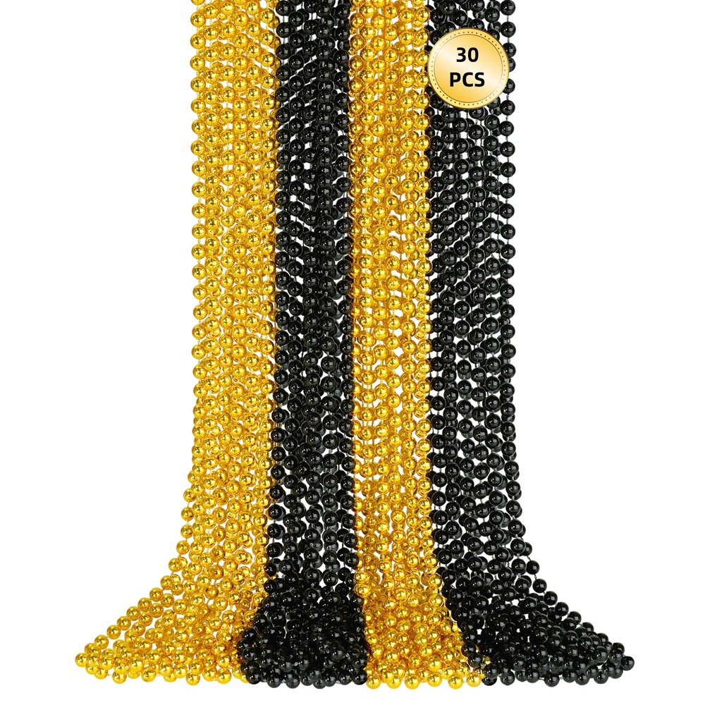 30 PCS Gold Black New Year Necklaces, 33 Inch New Year Eve Necklaces Round Happy New Year Necklace Accessories, 2026 New Year Party Beads for New Year's Day, Christmas, Carnival Party Favors