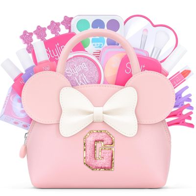 QLOVEA Pretend Makeup Kit for Toddlers Kids- 21Pcs Make Up Toys with Initial Toddler Purse - Birthday Gifts for 3 4 5 Years Old Girls Vanity Set Christmas Birthday Gift Pink G