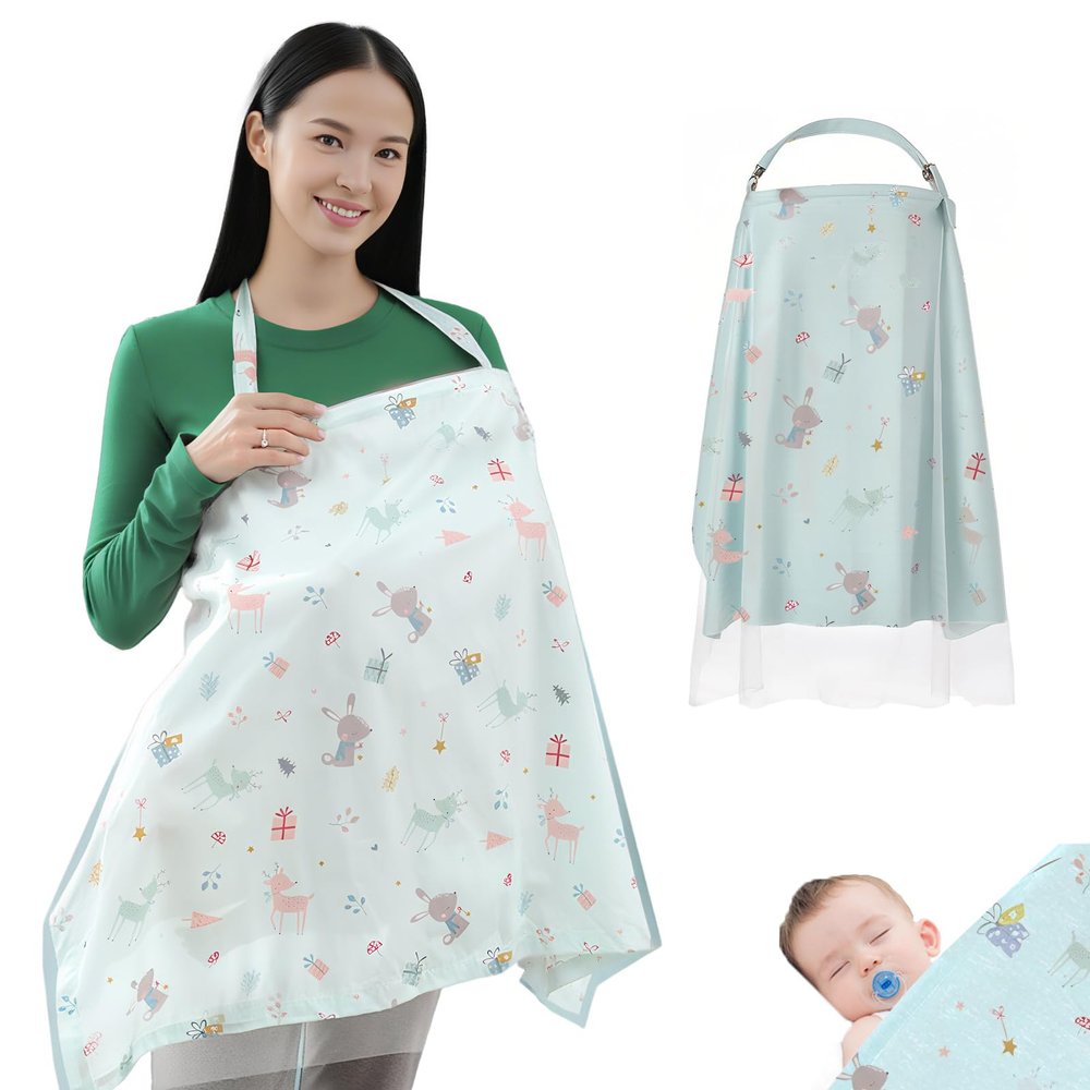 100% Cotton Nursing Cover with Support Ring & Mesh Layer, Breathable Nursing Cover Up for Breastfeeding, Adjustable Arch Neckline Breastfeeding Apron for Women (Green, Qionglin Green Sea)
