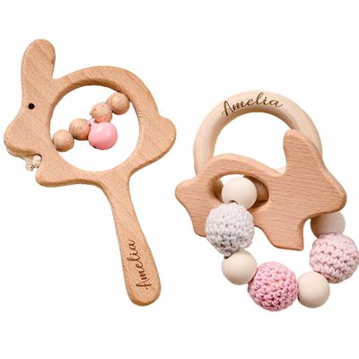 Personalized Baby Rattle, Custom Wooden Rattle Ring With Baby's Name or Date Handcrafted Crochet Bunny Rattles Newborn Gifts for Boy/Girl (StyleB)