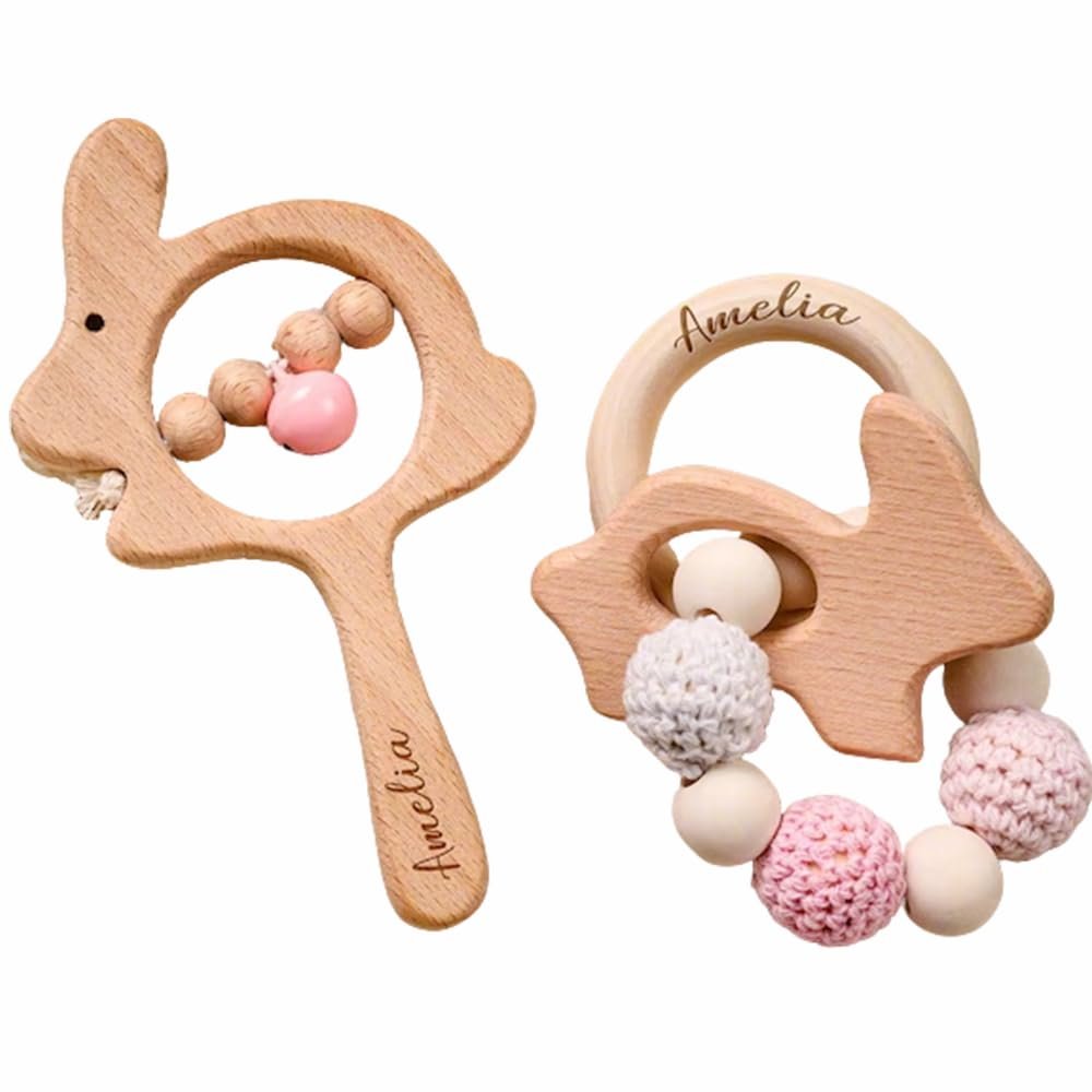 Personalized Baby Rattle, Custom Wooden Rattle Ring With Baby's Name or Date Handcrafted Crochet Bunny Rattles Newborn Gifts for Boy/Girl (StyleB)