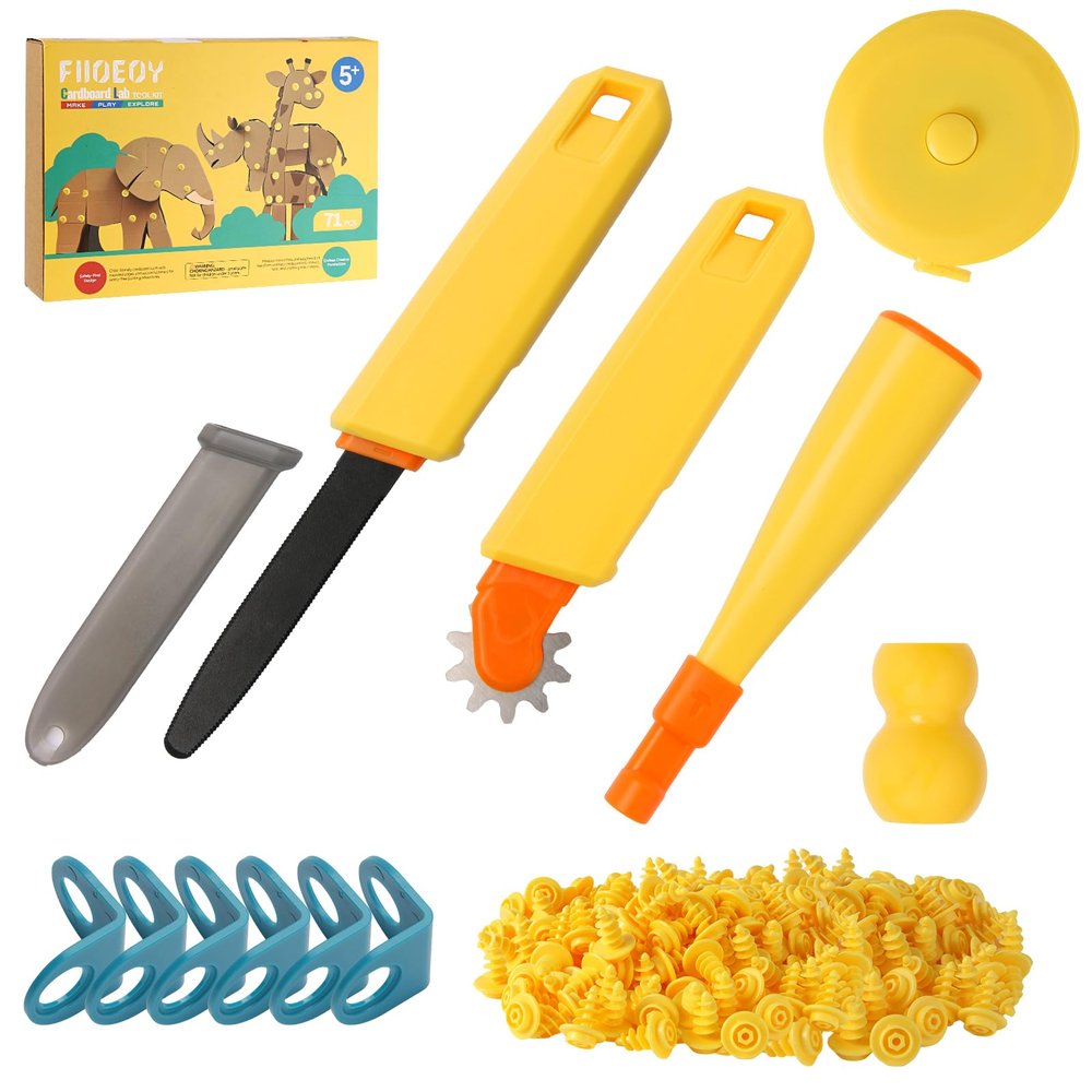 FIIOEOY Cardboard Construction Kit, 71 PCS Cardboard Cutting Tools for Kids, STEM Reusable Tool for DIY Creativity Projects Educational Toy Birthday Gift for Boys Girls Age 6+