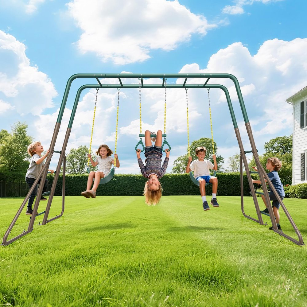 Hapfan Swing Sets for Backyard with Monkey Bars, 2 Belt Swings & Trapeze Bar- Heavy Duty Metal Outdoor Playground Sets for Kids, Backyard Playset (Patent Pending)