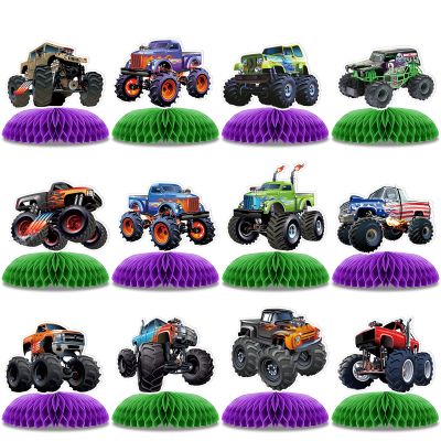 12 PCS Monster Truck Party Table Decorations, Monster Truck Birthday Honeycomb Centerpiece, Racing Car Theme Birthday Decoration for Boys Girls Baby Shower Kids Cake Decorations Party Supplies