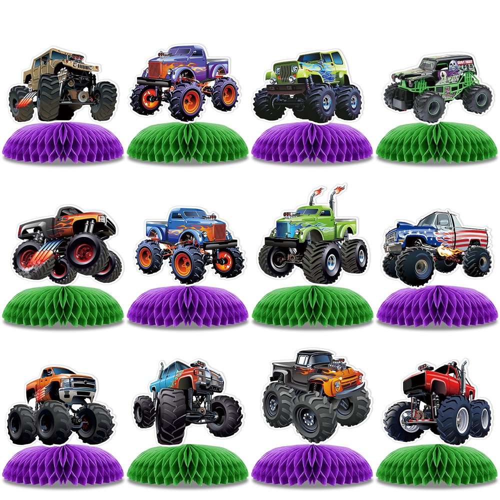12 PCS Monster Truck Party Table Decorations, Monster Truck Birthday Honeycomb Centerpiece, Racing Car Theme Birthday Decoration for Boys Girls Baby Shower Kids Cake Decorations Party Supplies