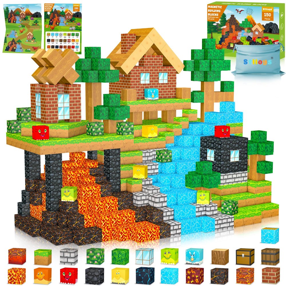 150PCS Magnetic Blocks: Magnetic Building Block Cubes for Kids Boys Girl Ages 3 4 5 6 7 8, STEM Magnet Block Dinosaur Toys for Kids, Constructions Sensory Stacking Toys Christmas Birthday Gift