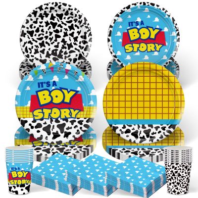 120pcs Toy Baby Shower Decorations Plates Napkins It's Boy Paper Cup Disposable Tableware Set Cartoon Baby Shower Party Kids For 30 Guests