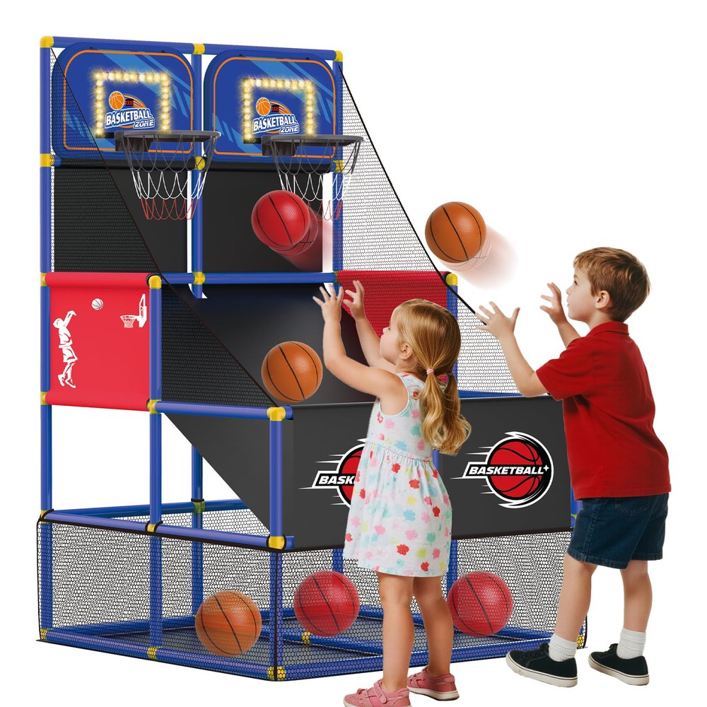 Drmukie Upgrade Dual Basketball Arcade Game Kids Electronic Basketball Hoop with Electronic Scoreboard LED Light 6 Balls Indoor Outdoor Sports Toys Gift for Boys Girls Ages 3-8 (Blue)