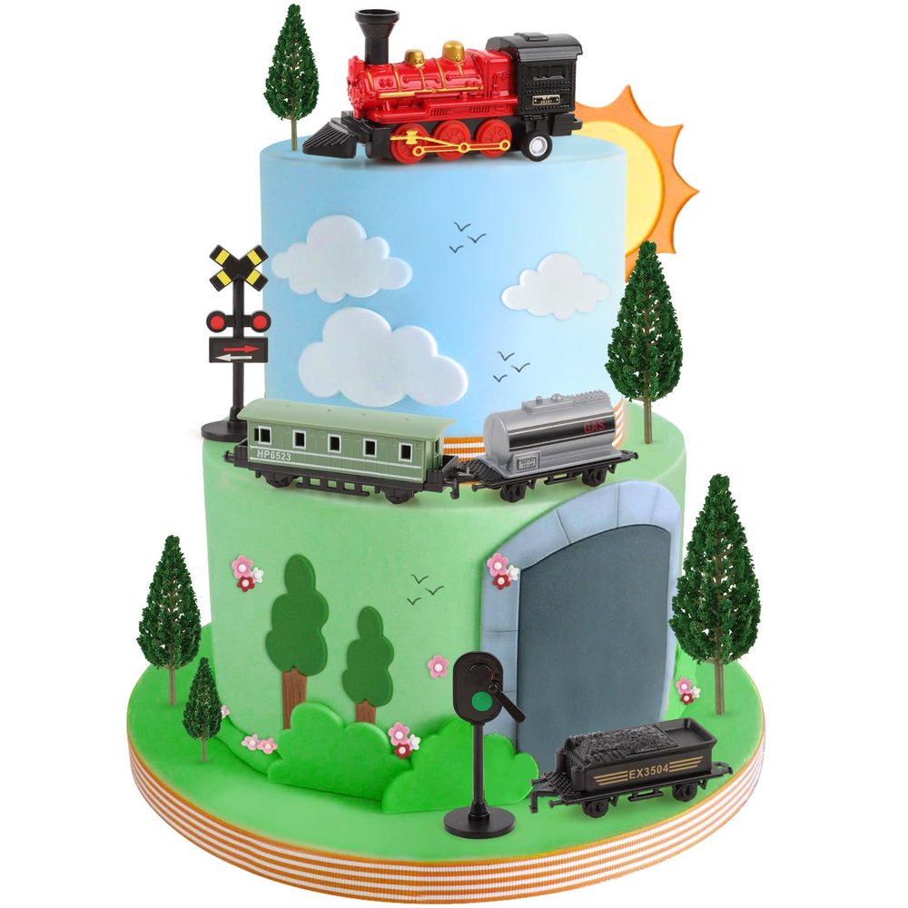 12Pcs Train Cake Toppers Train Cake Decorations with Traffic Track Railway Lights Sign for Trains Themed Birthday Party Decorations Transport Themed Party Supplies