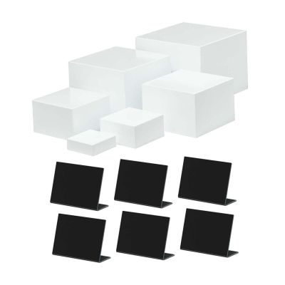 6X Acrylic Boxes for Display Stands Stackable Presentation Risers for Cake Food Buffet Jewery Catering Supplies 5 Sided Nesting with Table Sign Labels