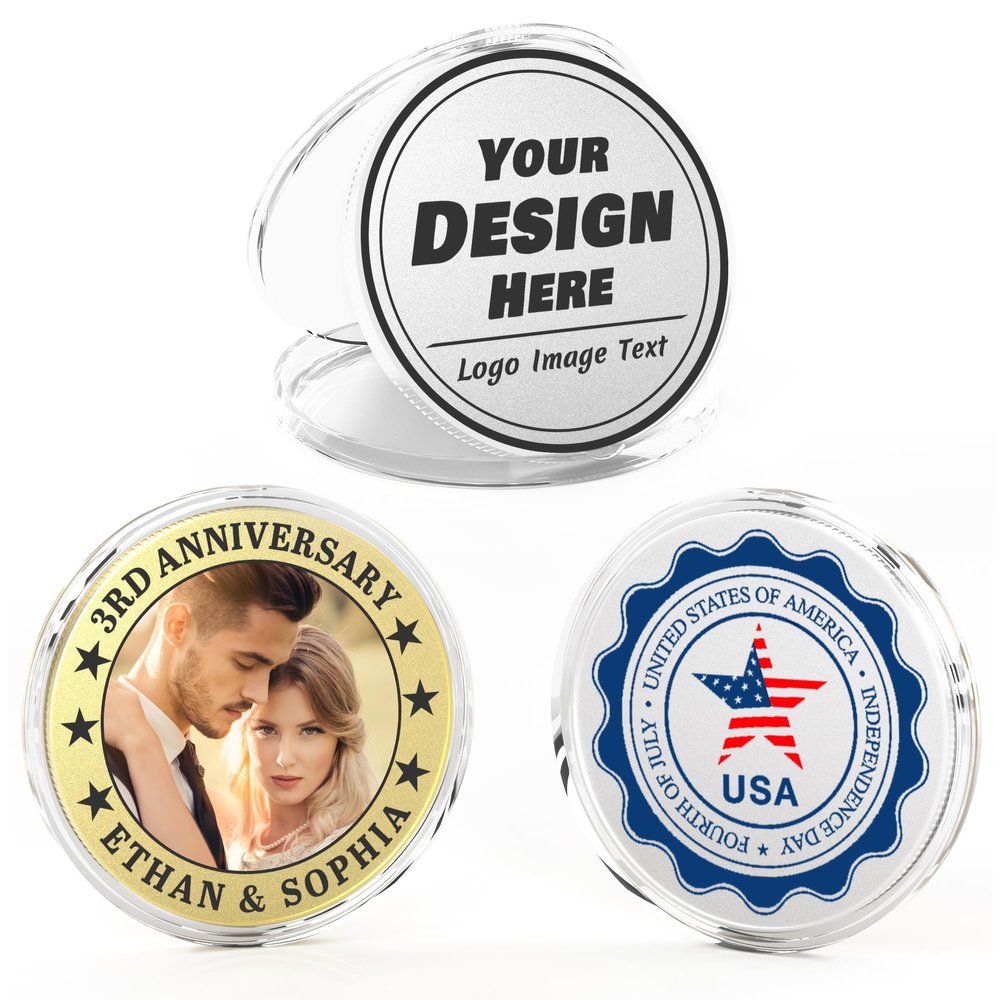 10 Custom Challenge Coins, Personalized Commemorative Coins with Logo Photo Text, Custom Memorial Gifts for Company Military Family Colleague Anniversary Wedding Couple Pocket Hug Tokens (Silver)