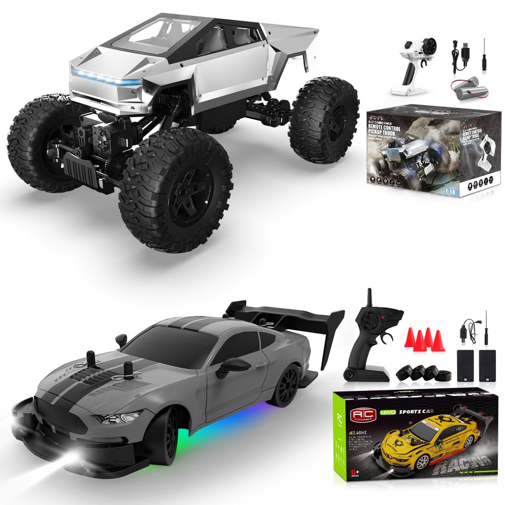 1/14 Alloy RC Monster Truck 2.4GHz with LED Lights 4WD All-Terrain Pickup Off-Road Truck for boy and Girl Over 6+ Gift & RC Drift car 1/20 22km/h high-Speed Racing Sports with Drift tire Toy