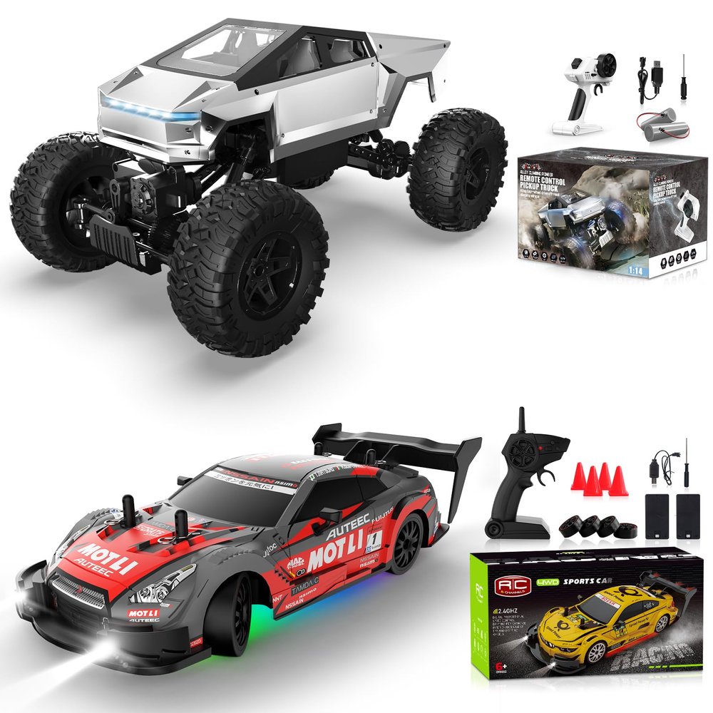 1/14 Alloy RC Monster Truck 2.4GHz with LED Lights 4WD All-Terrain Pickup Off-Road Truck for boy and Girl Over 6+ Gift & RC Drift car 1/20 22km/h high-Speed Racing Sports with Drift tire Toy