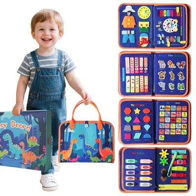 KAWITLO Toddler Montessori Busy Board - Dinosaur Learning Activity Toy, Boys Gift, Sensory Learning Toy for Toddlers, Educational Busy Book for Toddlers, Travel Toy (Blue)