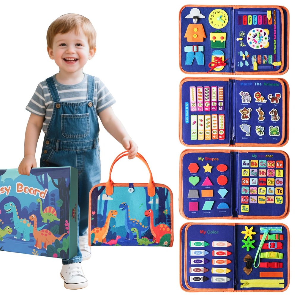 KAWITLO Toddler Montessori Busy Board - Dinosaur Learning Activity Toy, Boys Gift, Sensory Learning Toy for Toddlers, Educational Busy Book for Toddlers, Travel Toy (Blue)